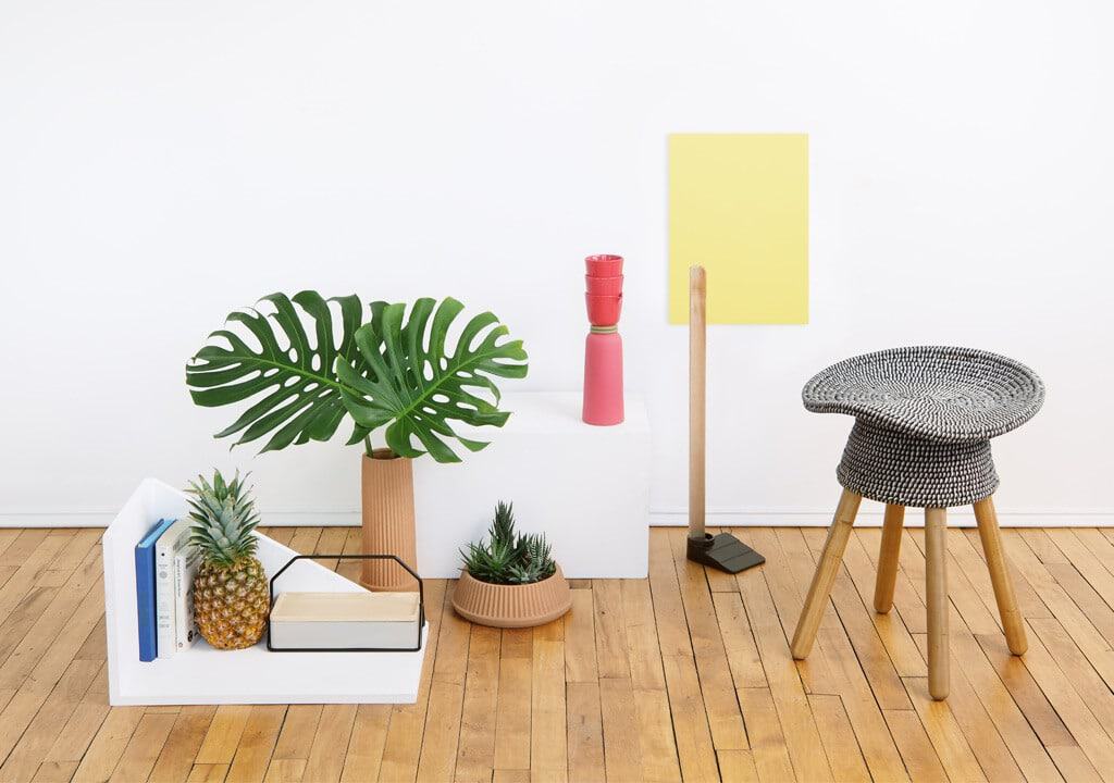 Decoratieve planten en accessoires in een modern interieur.
